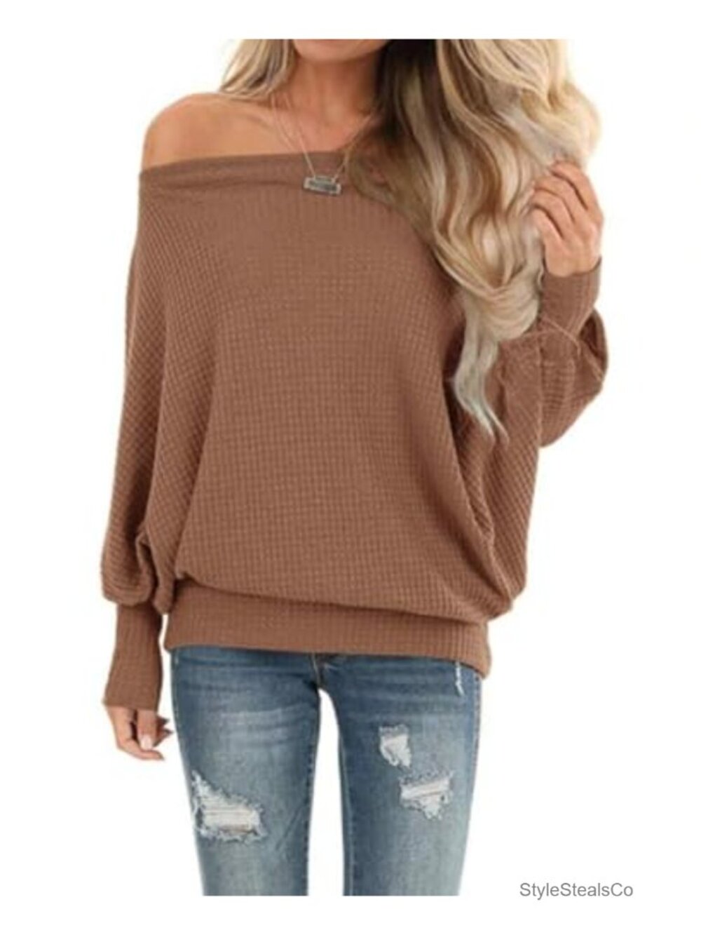 Off Shoulder Waffle Knit Oversized Tunic Sweatshirt Batwing Long Sleeve Top